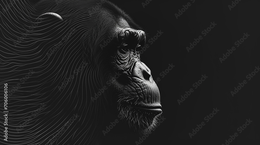 Monkey head. 3D illustration. Black and white. 3D rendering.