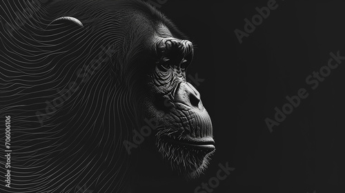 Monkey head. 3D illustration. Black and white. 3D rendering.