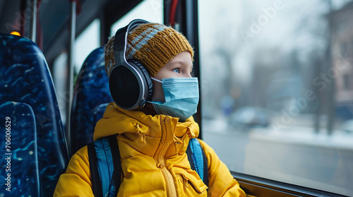 Schoolboy wearing protective face mask while commuting by public bus