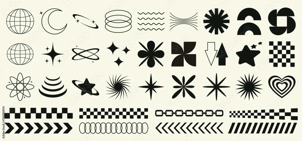 Fototapeta premium Vector set of abstract brutalism geometric shapes. Trendy y2k design elements.