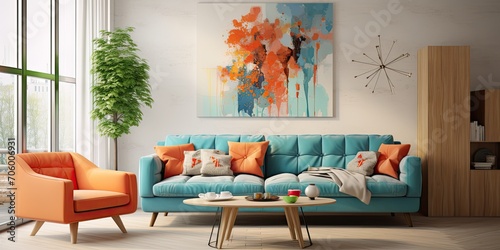 Spacious and cozy living area with a vibrant sofa.