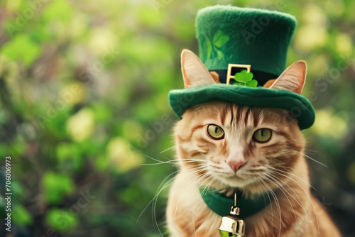 cat with leprechaun hat decorated with shamrock leaves cat in a green hat  St. Patrick`s Day cat © PinkiePie