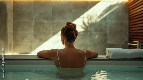 relax blonde woman unwinding in a serene spa hot tub with gentle sunlight pouring in