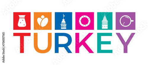 turkey word and maiden tower, galata tower, turkish tea, bagel, tulip drawings photo