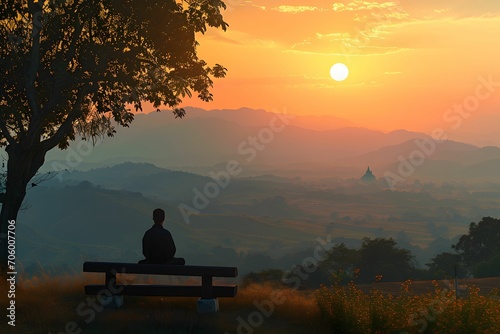 a Man Contemplating the Sunset on a Bench Amidst a Breathtaking Landscape - solo vacation concept