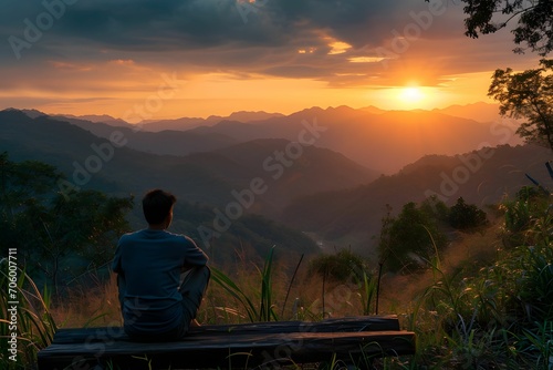 a Man Contemplating the Sunset on a Bench Amidst a Breathtaking Landscape - solo vacation concept