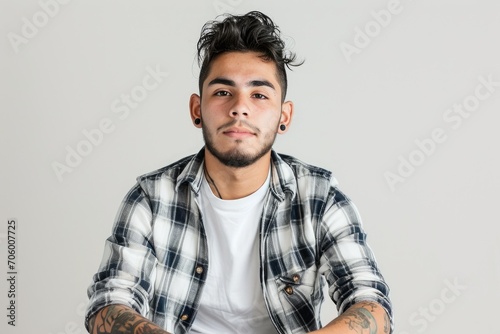 Urban portrait of a Latino man, contemporary and edgy, white background photo
