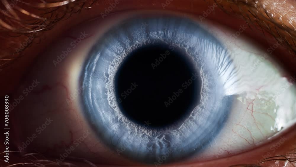 Human eye blue iris opening pupil extreme close up slow motion 60fps 4k