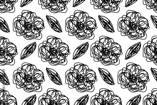 Floral outlines. Rosehip flowers and leaf. Botanical, elegant doodle plant. Garden beauty. Seamless vector pattern for design and decoration.