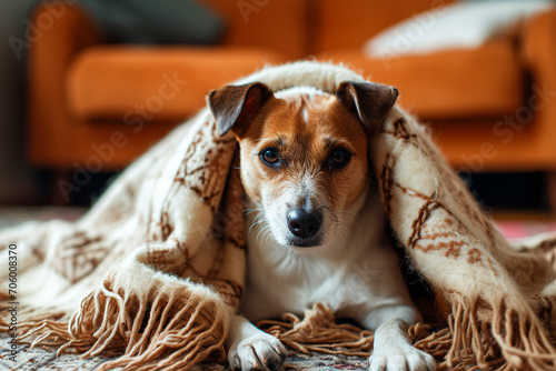 A chilly pup warms up under a blanket near a radiator in the living room.The concept of a cold house, bitter winter