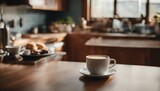Coffee cup on wooden table in coffee shop cafe, stock photo