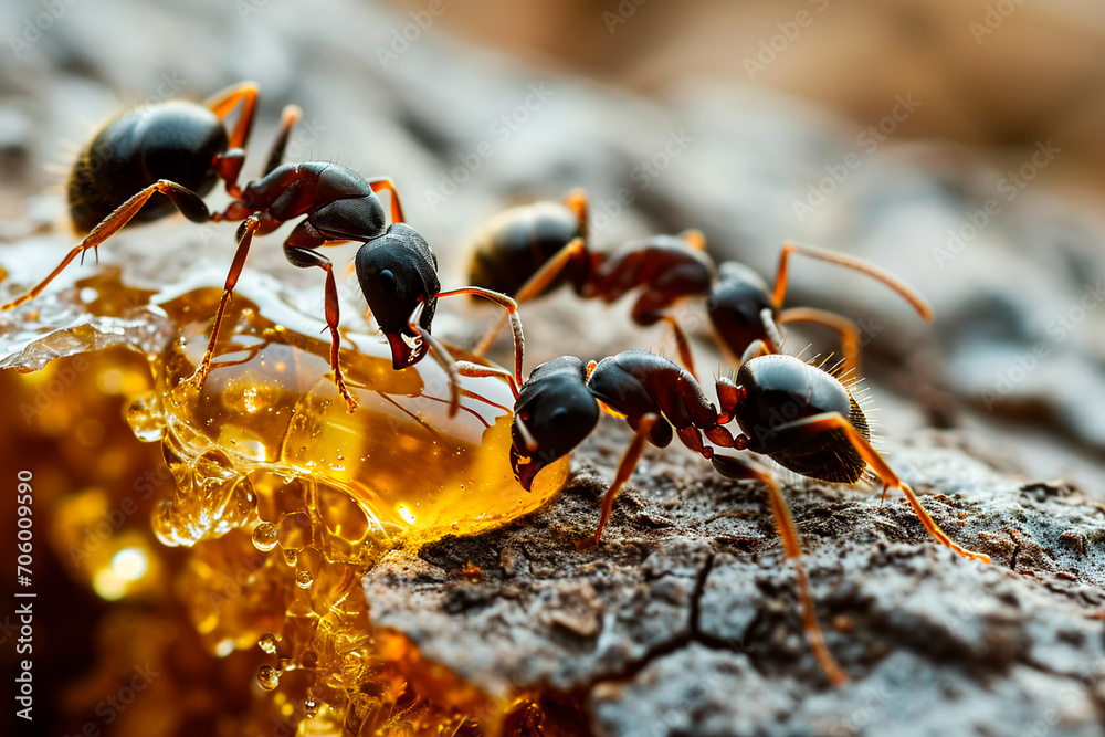 A depiction of black ants collectively feasting on a honey drop, symbolizing the concepts of teamwork, hard work, and unity. A depiction of black ants collectively feasting on a honey drop, symbolizing the concepts of teamwork, hard work, and unity.