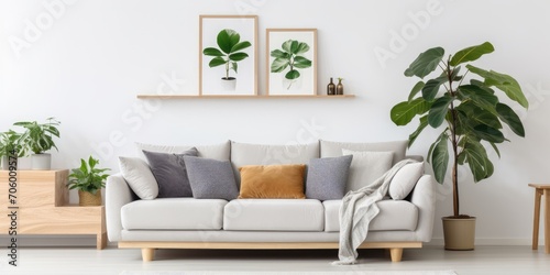 Real photo of a white apartment with a grey sofa, pillows, poster, and plants on cabinets. © Lasvu