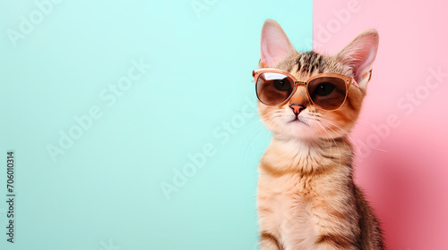 cat kitten in sunglass shade glasses isolated on solid pastel background