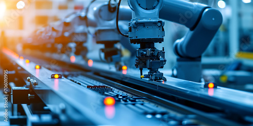 Robô industrial trabalhando ao lado de operadores humanos no chão de fábrica. A cena ilustra a sinergia entre automação e trabalho humano nos processos modernos de fabricação