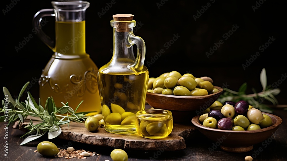 Organic homemade olive oil bottle on blurred defocused background with copy space for text placement Organic homemade olive oil bottle on blurred defocused background with copy space for text placement