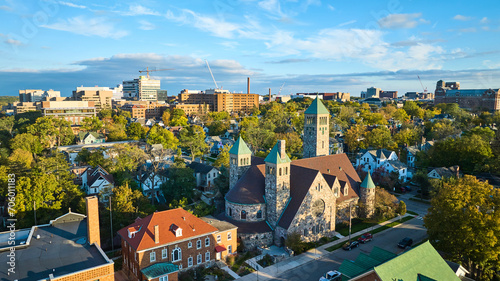 Aerial View of Historic Church and Urban Neighborhood at Golden Hour, Michigan photo