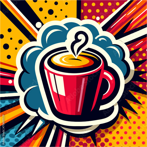 An red mug coffee with pop art style design sticker illustration
