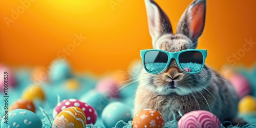 A rabbit wearing sunglasses sitting among easter eggs. photo