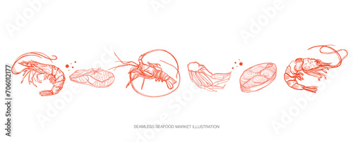 Isolated vector seamless set of seafood. Shrimps, langoustines, prawns, salmon, trout, oysters, mussels, squid, crab, lemon.Hand-drawn seafood delicacy, restaurant and marine cafe menu.