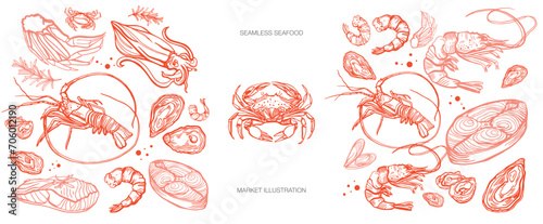 Isolated vector seamless set of seafood. Shrimps, langoustines, prawns, salmon, trout, oysters, mussels, squid, crab, lemon.Hand-drawn seafood delicacy, restaurant and marine cafe menu. photo