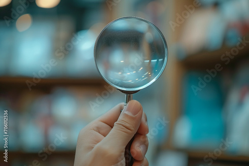 hand holding magnifying glass in library, Generative AI