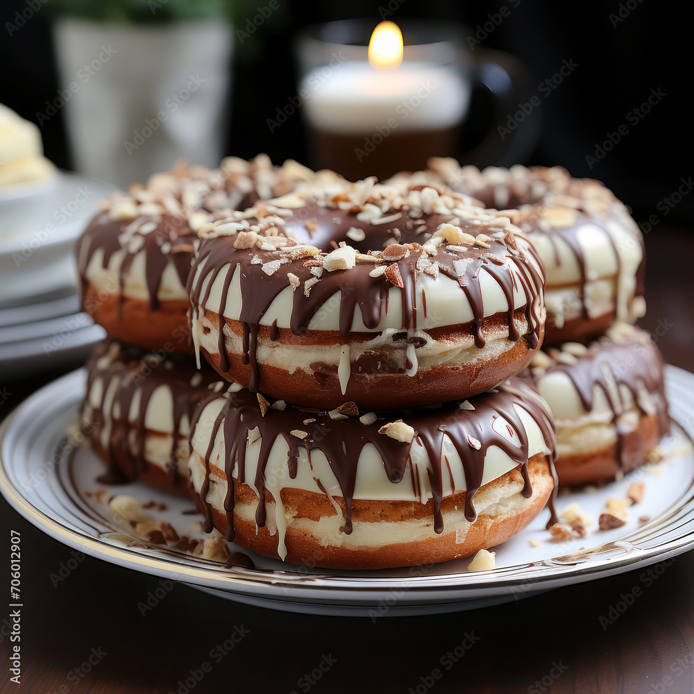 Chocolate and white drizzled donuts with nuts Chocolate and white drizzled donuts with nuts