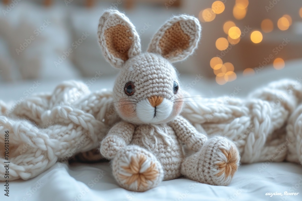 A knitted bunny is sitting on a bed. Handcrafted knitted miniature toy. A knitted bunny is sitting on a bed. Handcrafted knitted miniature toy.