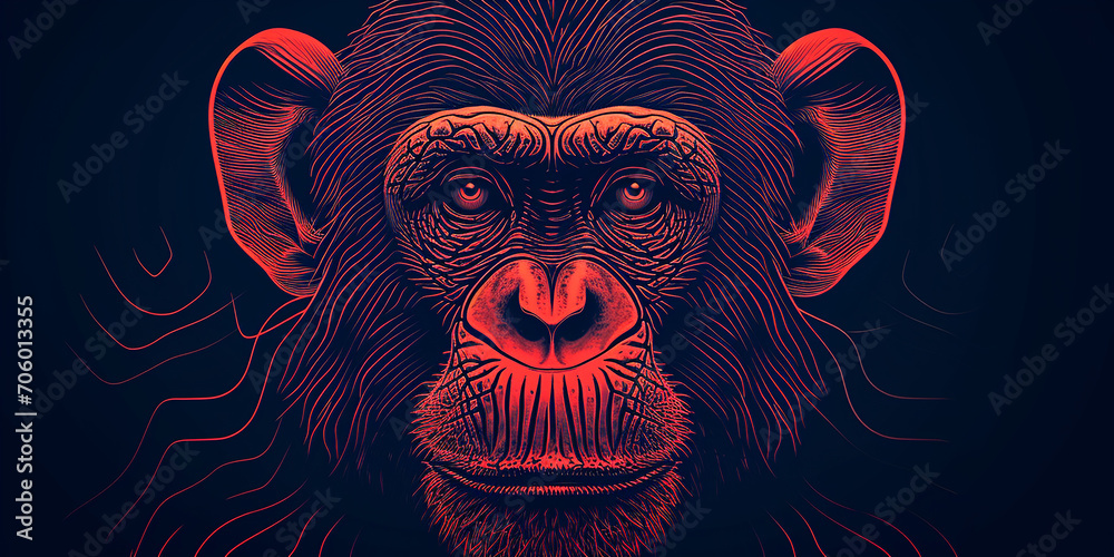 Fototapeta premium Portrait of a chimpanzee on a dark background. Vector illustration.