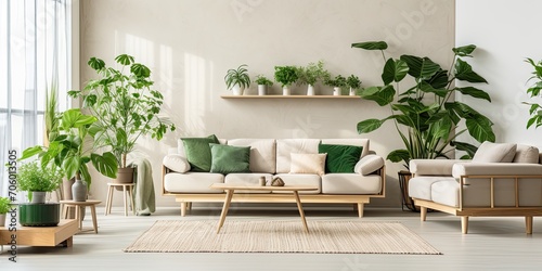 Light living room with green houseplants and furniture photo