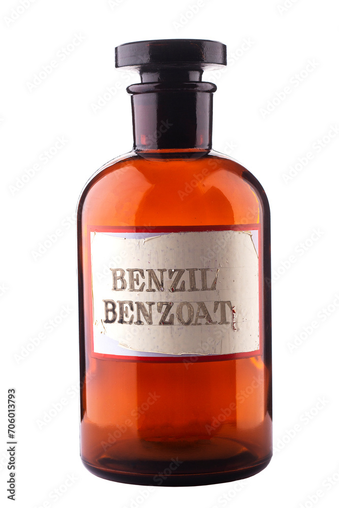 A transparent medical bottle with a label reading Benzyl Benzoate on a white background.


