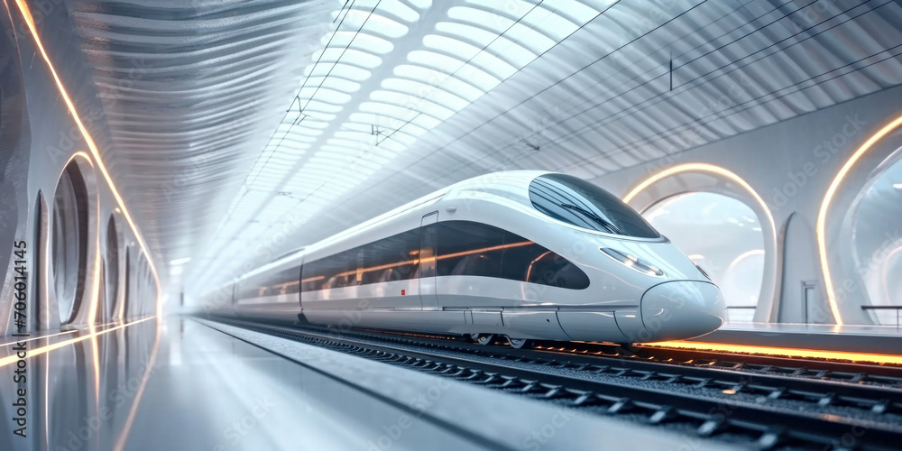 A white bullet train traveling through a train station. A white bullet train traveling through a train station.