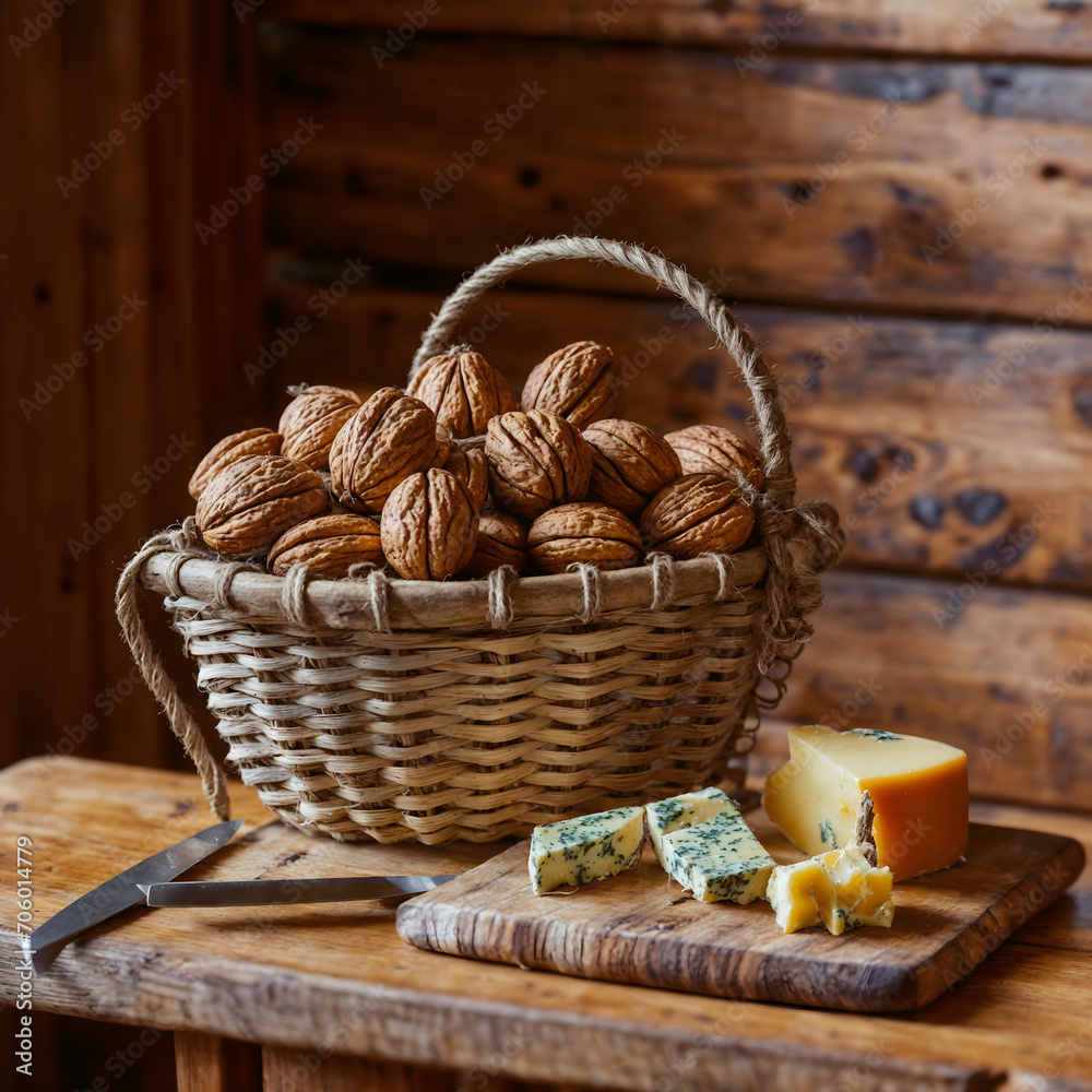 Gourmet Food Delights: A Basket of Fresh Walnuts and Artisan Cheese Gourmet Food Delights: A Basket of Fresh Walnuts and Artisan Cheese