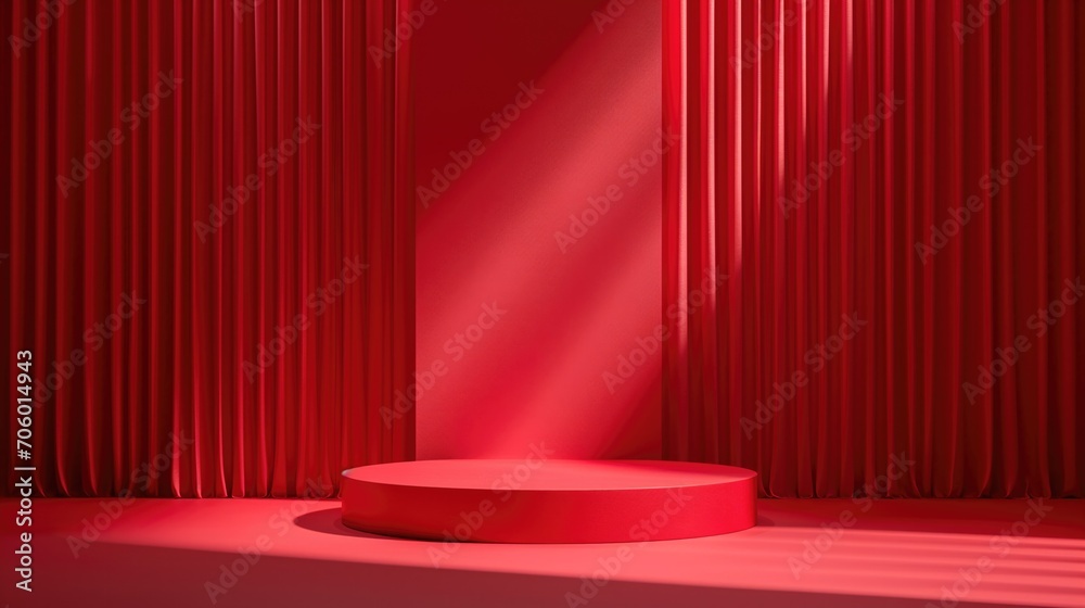 Empty minimal red podium with curtains for product display.