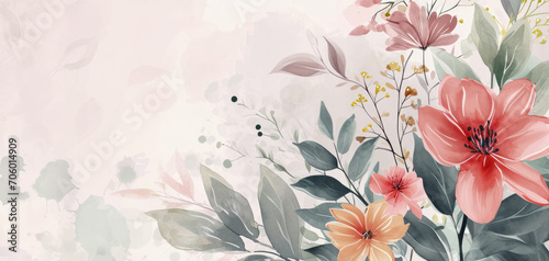 Beautiful watercolor  background with pastel flowers and leaves in warm colors photo