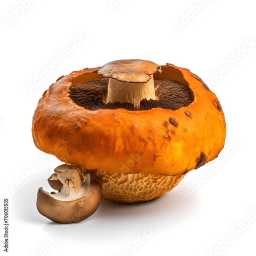 one real porcini with orange maincolor, spongy underside, white background,