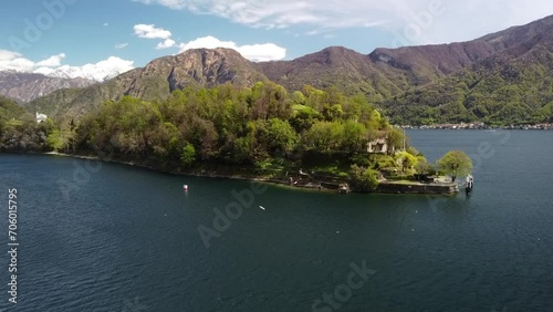 Aerial panoramic view over beautiful lake Como between Italy and Switzerland.