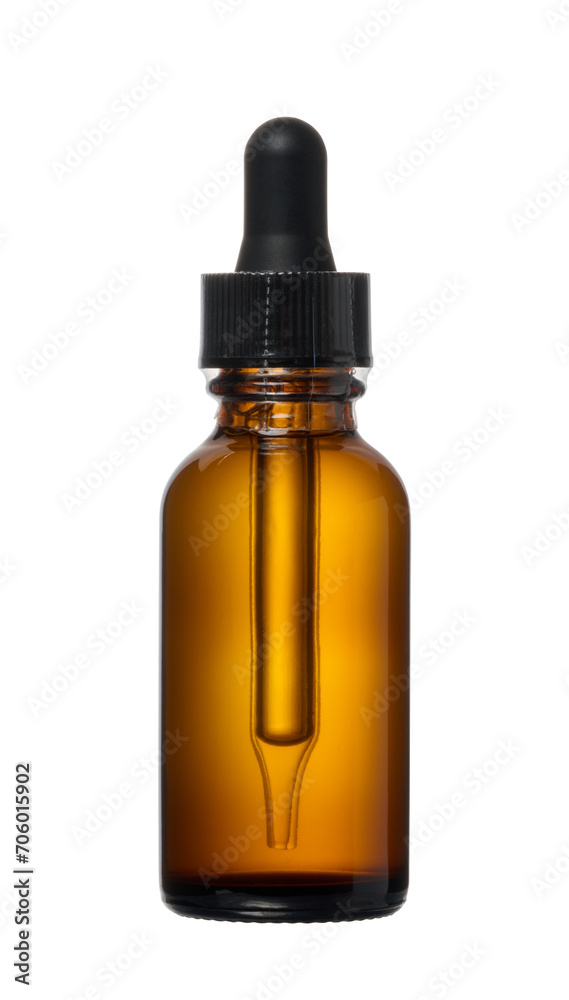 Brown glass bottle with pipette for cosmetics and oils on isolated background