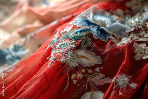 Stunning close up details of traditional chinese cape wedding dress in red, white and blue colors photo