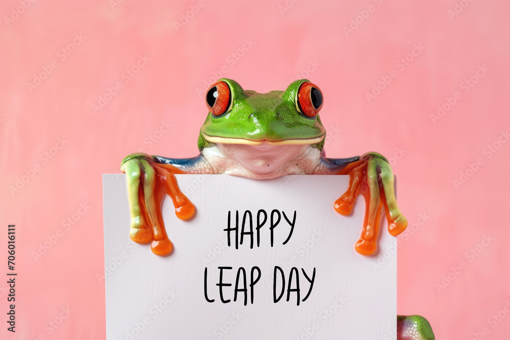 Green frog on the pastel background. 29 february leap year day concept - obrazy, fototapety, plakaty 