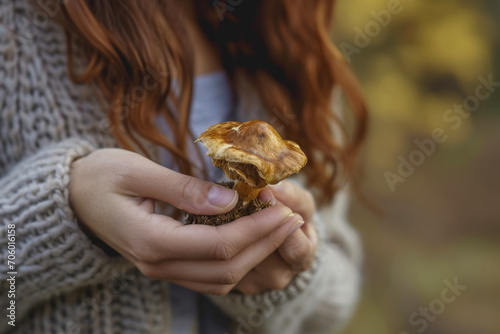 Mushroom in hand. Background with selective focus and copy space