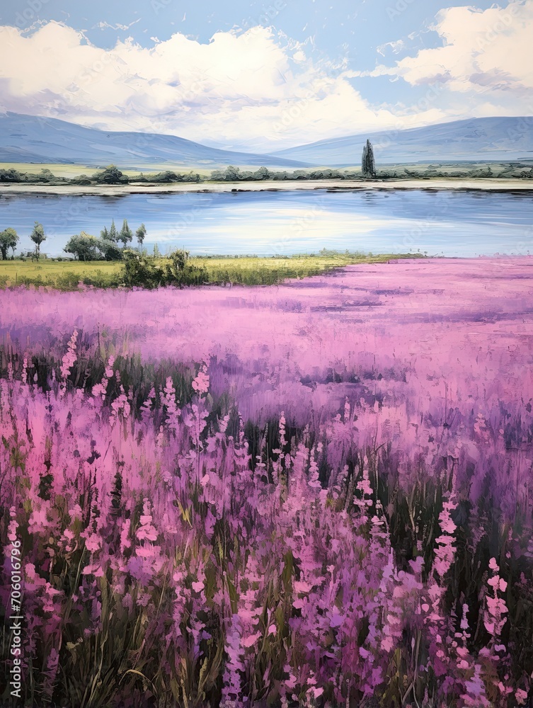 Obraz premium Lakeside View and Vintage Landscape: A Captivating Lavender Dream