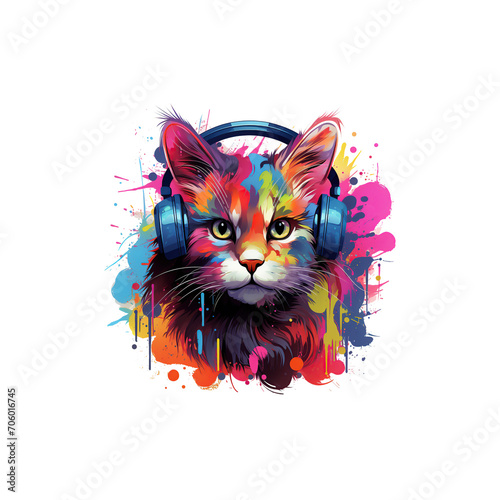 t-shirt design  colorful cat with headphones on graffiti art. Transparent background.