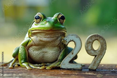 Green Frog with 29 numbers. 29 february leap year day idea photo