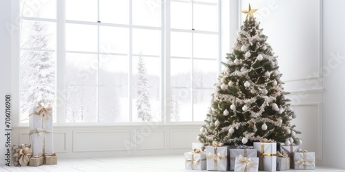 Decorated Christmas tree in white room with New Year's gifts