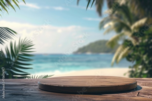 Wooden podium for product display on the tropical beach background photo