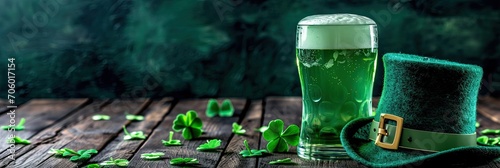 Green beer pint and leprechaun hat over dark green background  decorated with shamrock leaves