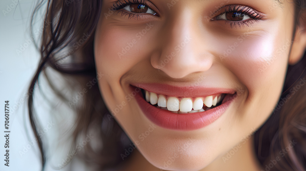 Perfect healthy teeth smile of a young woman. Teeth whitening. Dental clinic patient. Image symbolizes oral care dentistry, stomatology. Dentistry image