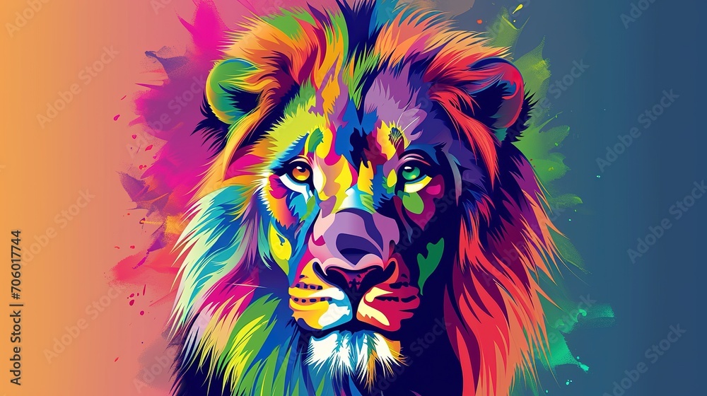 creative colorful lion king head on pop art style with soft mane and color background