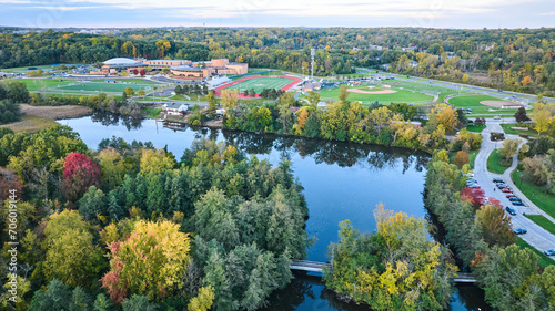 Aerial View of Autumn Park with Pond and Sports Facilities, Michigan